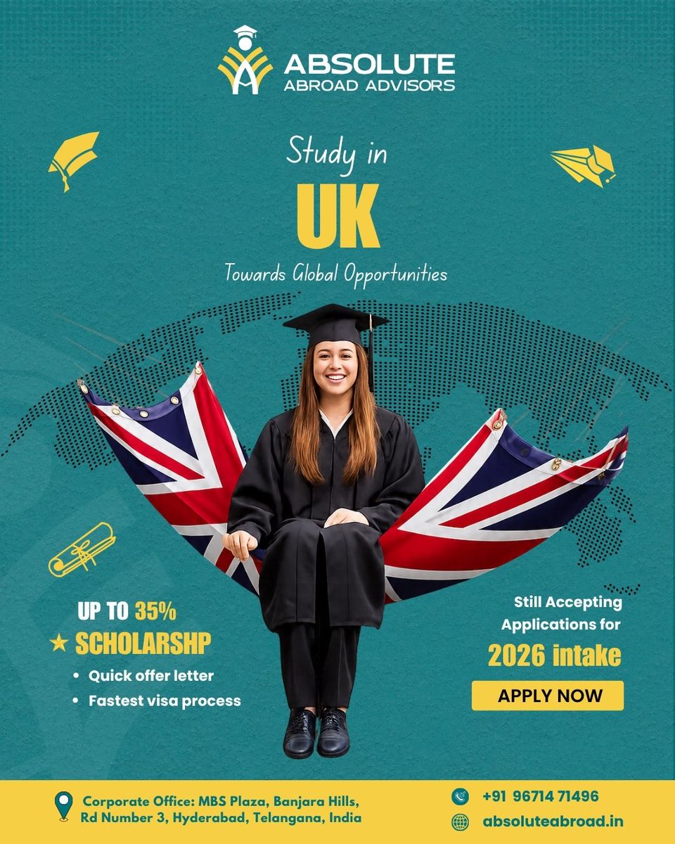 absoluteabroad1's tweet photo. 🇬🇧 Make your UK study dream a reality! 🎓✨

Apply for the 2026 UK Intake with Absolute Abroad Advisors.
✅ Scholarships up to 35%
✅ Quick Offer Letters
✅ Visa Guidance

🌍 Your global journey starts here!
📞 +91 81218 14423 | +91 96714 71496
🌐 https://t.co/MTxy8y20dr https://t.co/ou3v7llRmF