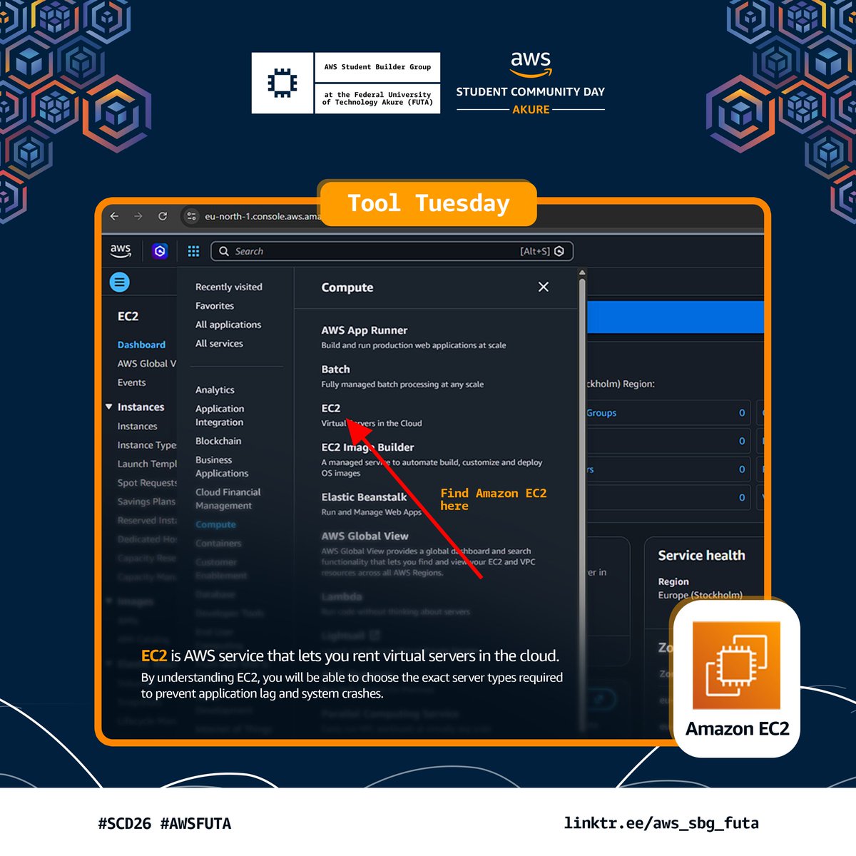 AWSFUTA's tweet photo. It's Tool Tuesday, Builders!
And it's time to meet EC2
From websites and APIs to data processing and AI workloads, Amazon EC2 provides the compute power behind countless cloud solutions
If you're learning AWS, EC2 is one of those tool you can't ignore for long
#ToolsTuesday https://t.co/4hwq10IBP6