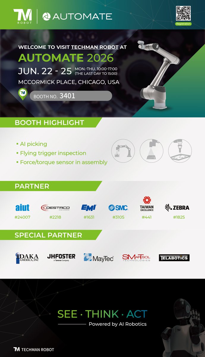 techmanrobot's tweet photo. 📣Automate 2026 is almost there📣
Register now!
https://t.co/YQN9V5QZHa
📅 Date│Jun. 22 (Mon.) – 25 (Thu.)
⏰ Time│10:00-17:00
🏢 Venue│McCormick Place, Chicago, USA
📍 Booth│3401
#Automate2026 #Chicago #automation #manufacturing #TM #tmrobot #techmanrobot #AI #TMAICOBOT https://t.co/0ue687KUBr