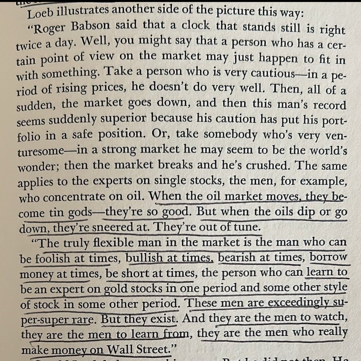 1shankarsharma's tweet photo. The most overused term on Indian social media is : Gold": this is sprinkled liberally over pedestrian video clips of Caged Capital, saying " SENSEX 150,000 by....". 

I call these Fools Gold: ie, only fools find such anodyne stuff Gold.

You want to know what Real Gold is?

This Loeb screenshot below is Real Gold.

Not a Bull. Not a Bear.

But a Hare.

A Hare is an  all pitch, all bowling, all venues, all conditions player.

A Hare can hold two conflicting thoughts in his head effortlessly. 

He can be Bearish and Bullish at the same time,on the same market.

 He doesn't believe in binaries. 

"The Wizard of Wall Street: The Story of Gerald M. Loeb" 

'Truly Flexible Man'

Thanks @AwijitB  for this really enlightening shot! 

As regards my interview, focus ONLY on the Trade Deal aspect: that's going to be the real googly nobody is spotting right now.