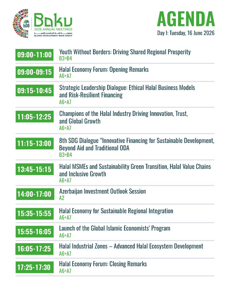 isdb_group's tweet photo. Day 1 of the #2026IsDBGroupAMs begins today in Baku

From youth empowerment and innovative financing for sustainable development to the halal economy and investment opportunities, today's agenda brings together policymakers, development partners, private sector leaders, and experts to explore practical pathways for advancing regional integration and sustainable prosperity.

Check out today's program and follow our channels for key highlights throughout the day.