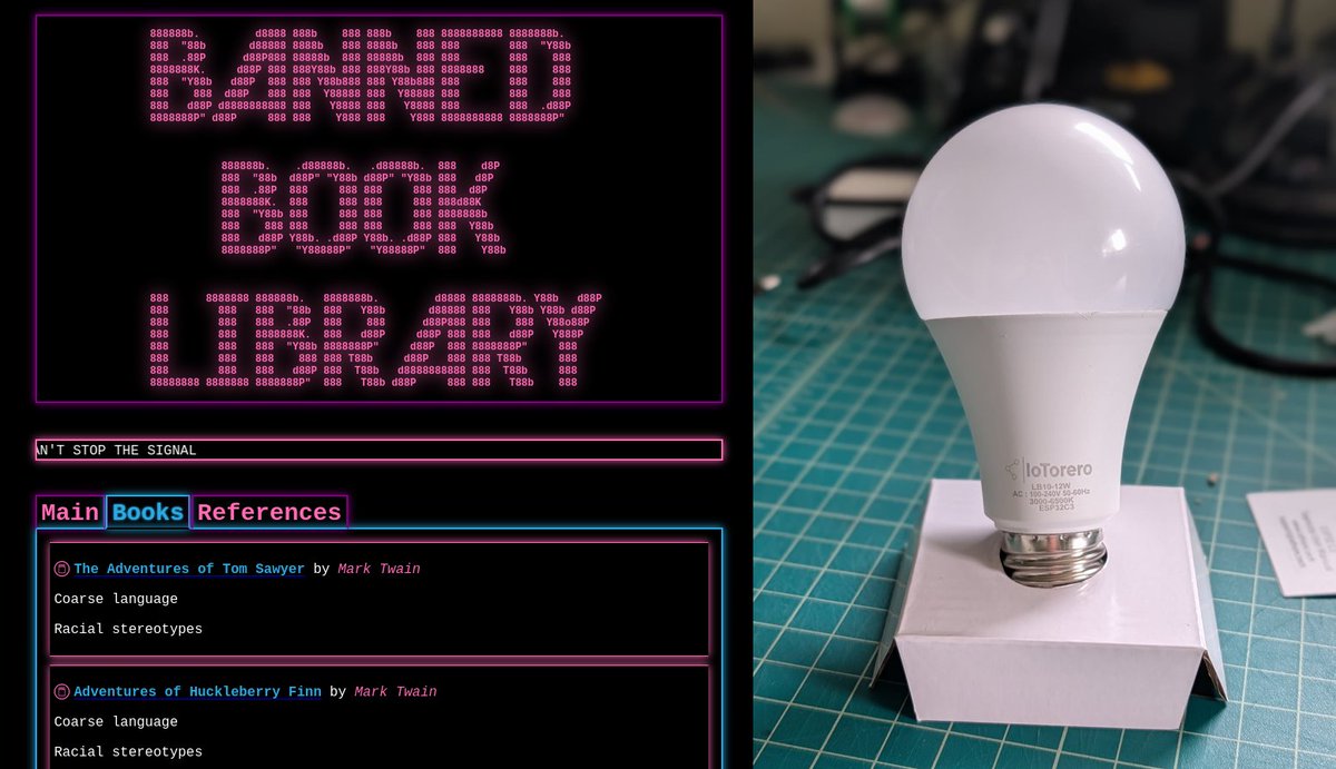 CR1337's tweet photo. You can just do things:

This guy turned a cheap smart light bulb into a secret banned book library. It creates its own open WiFi hotspot + web server full of EPUBs. 

"As long as the light bulb is switched on, then anyone in the vicinity can still access the banned material assuming they have an electronic device with WiFi. Since the device is a light bulb, it would be difficult to detect and likely to go unnoticed."

Awesome!