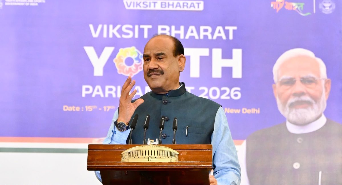 MYBharatHQ's tweet photo. Addressing the national finalists of Viksit Bharat Youth Parliament 2026, Shri Om Birla, Hon'ble Speaker of the Lok Sabha, inspired young minds to lead with responsibility, ideas and a commitment to nation-building.

#MYBharat #VBYP2026 https://t.co/CqgMdsWcai