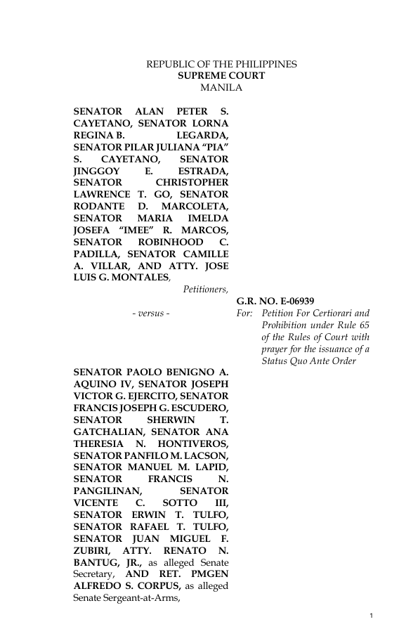 newswatchplusph's tweet photo. CAYETANO, 8 OTHER SENATORS TAKE LEADERSHIP DISPUTE TO SUPREME COURT

JUST IN: Nine senators led by Alan Peter Cayetano have filed a petition with the Supreme Court seeking to declare null and void the June 3 Senate session that installed Win Gatchalian as acting Senate president and reorganized the leadership posts and committee chairmanships.

The petitioners are Senators Cayetano, Loren Legarda, Pia Cayetano, Jinggoy Estrada, Bong Go, Rodante Marcoleta, Imee Marcos, Robin Padilla, Camille Villar, and former Senate Secretary Jose Luis Montales. | @eimorpsantos