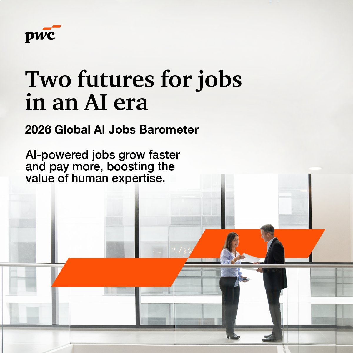 PwC's tweet photo. Work is being reconfigured, not replaced. #AI is shifting work away from routine tasks and toward roles that elevate human skills—judgement, creativity, and decision-making.   
Learn how roles can be redesigned for AI advantage in our 2026 #AIJobsBarometer: https://t.co/A1B0rqVHoN #AIJB