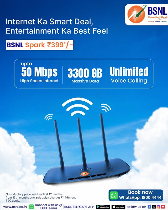 bsnl_ap_circle's tweet photo. Why settle for less when you can get more?  

Enjoy 50 Mbps speed, 3300 GB data, and unlimited calling with BSNL Spark ₹399/-  

#BSNLIndia #StayConnected #InternetForEveryone #DigitalLife #indiaonline #BSNLServices #SmartIndia  #399plan #sparkplan #BSNLAP

@CMDBSNL https://t.co/Jl1eJ1FUbP