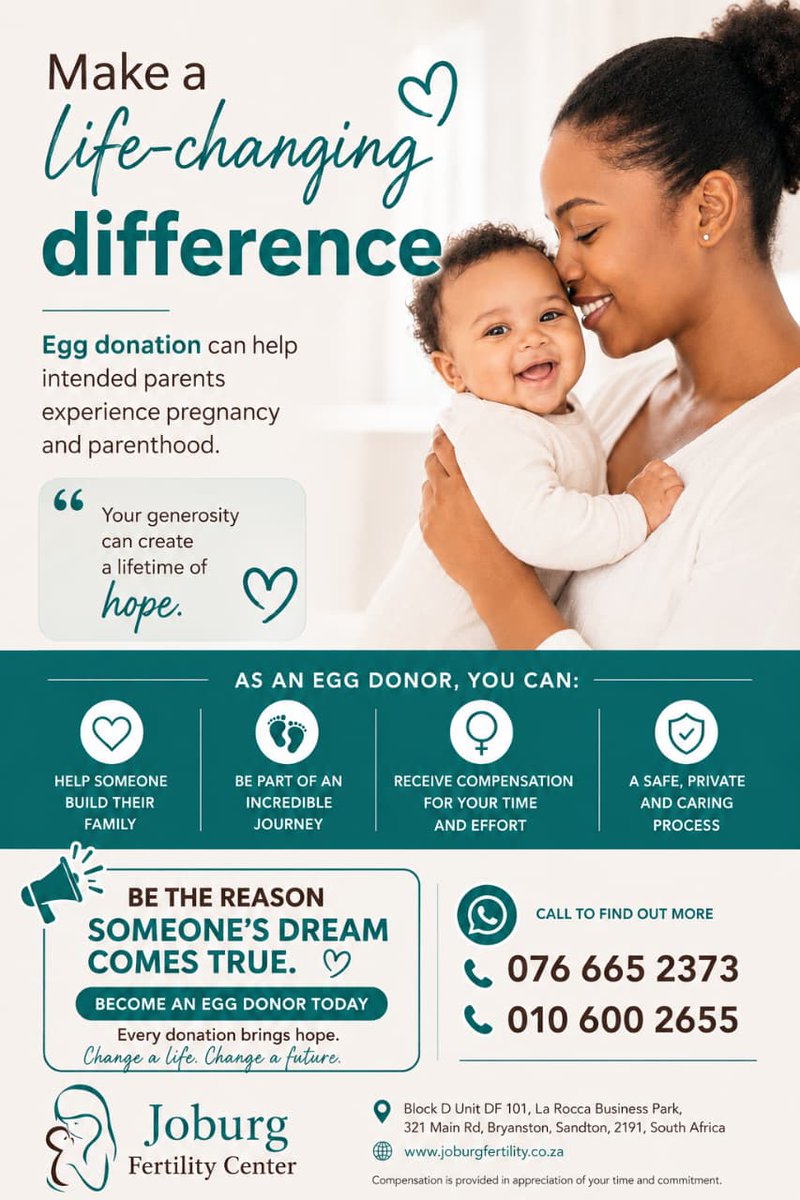 JabulaniMo44235's tweet photo. Be the reason someone's dream of becoming a parent comes true.💙 

Become an egg donor and help give the gift of family while being compensated for your time and commitment.

Change a Life. Change a Future.💛 

#EggDonation #EggDonor #GiveHope #BuildAFamily #FertilityJourney https://t.co/3NGOfCcGlg