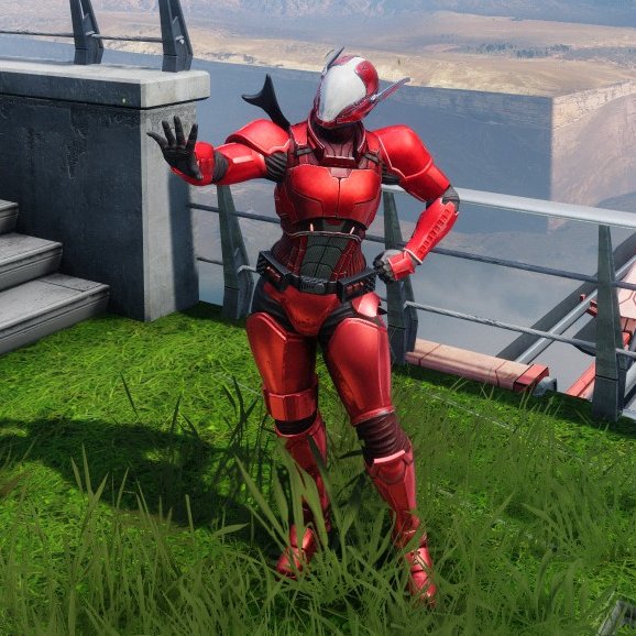 SeraphimRed's tweet photo. Finally acquired my favorite SRL set and thought: 
"hmm this helmet looks like Baymax!"
#destiny2 #destiny2fashion https://t.co/wJeg0KCPmb