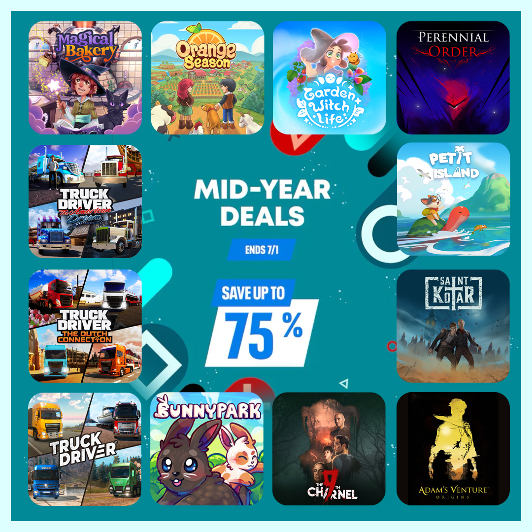SOEDESCO's tweet photo. 🔥 Save up to 75% on our games during the #PlayStation Mid-Year Deals! 

From cozy farming adventures to thrilling mysteries and trucking simulators, there's something for everyone 🎮
https://t.co/kOukJKxEh8 https://t.co/TlfYb2EEX3