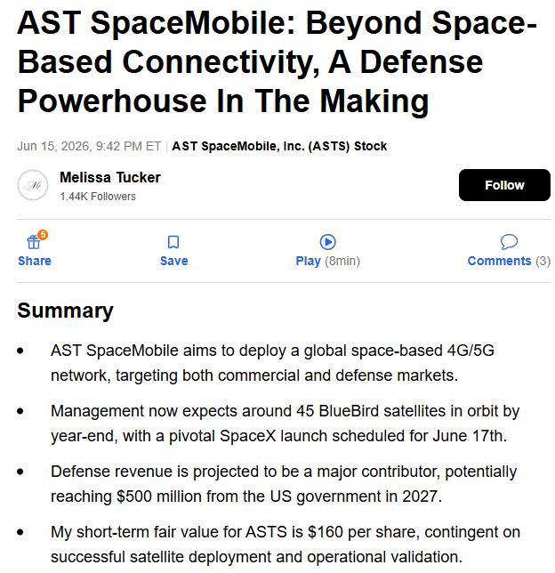DustinHuntwn's tweet photo. $ASTS A DEFENSE POWERHOUSE IN THE MAKING

1. AST SpaceMobile aims to deploy a global space-based 4G/5G network, targeting both commercial and defense markets.
2. Management now expects around 45 BlueBird satellites in orbit by year-end, with a pivotal SpaceX launch scheduled for June 17th.
3. Defense revenue is projected to be a major contributor, potentially reaching $500 million from the US government in 2027. 
4. My short-term fair value for ASTS is $160 per share, contingent on successful satellite deployment and operational validation.