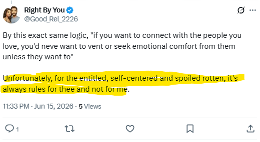 Good_Rel_2226's tweet photo. @Alineofmine Perfectly proved my point.

"You're not owed the things you want, but I'm owed the things I want" https://t.co/eK27oV0Fmf