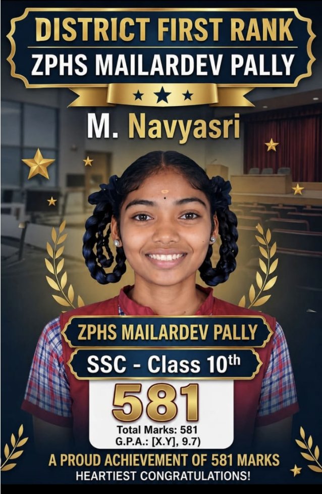 sevabharathitg's tweet photo. Congratulations M. Navyasri 🎉
District First Rank in SSC 10th with 581 marks!
Proud of you!
Heartfelt thanks to all donors for making this possible.
#SevaBharathi #EducationForAll #SSCResults #FirstRank https://t.co/oouSQ0wYWh