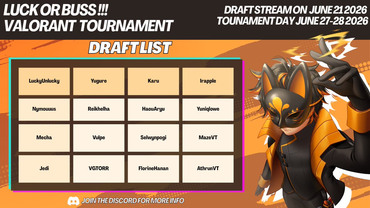 luckyunlucky_'s tweet photo. OFFICIAL DRAFT LIST

DRAFT STREAM JUNE 21, 2026 @ 8pm GMT+8
TOURNAMENT DAY JUNE 27 @ 6pm GMT+8
GRAND FINALS JUNE 28 @ 7pm GMT+8
https://t.co/abBv9U1vYY https://t.co/Xd7m2eDzcE
