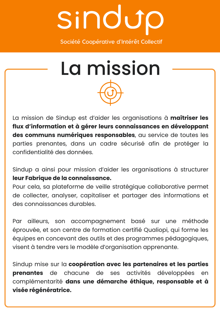 Sindup's tweet photo. En 2026, l’entreprise a décidé d’évoluer en adoptant le statut de Société Coopérative d’Intérêt Collectif (#SCIC) avec l’ouverture son capital à ses parties prenantes: salariés, clients, utilisateurs, partenaires, contributeurs et producteurs d’information…

A cette occasion la vision, la mission et la raison d’être sont devenues statutaires.

👉 Explorez ce support pour les découvrir.
Pour en savoir plus sur la SCIC Sindup 👉 https://t.co/3PuCsGBuxE