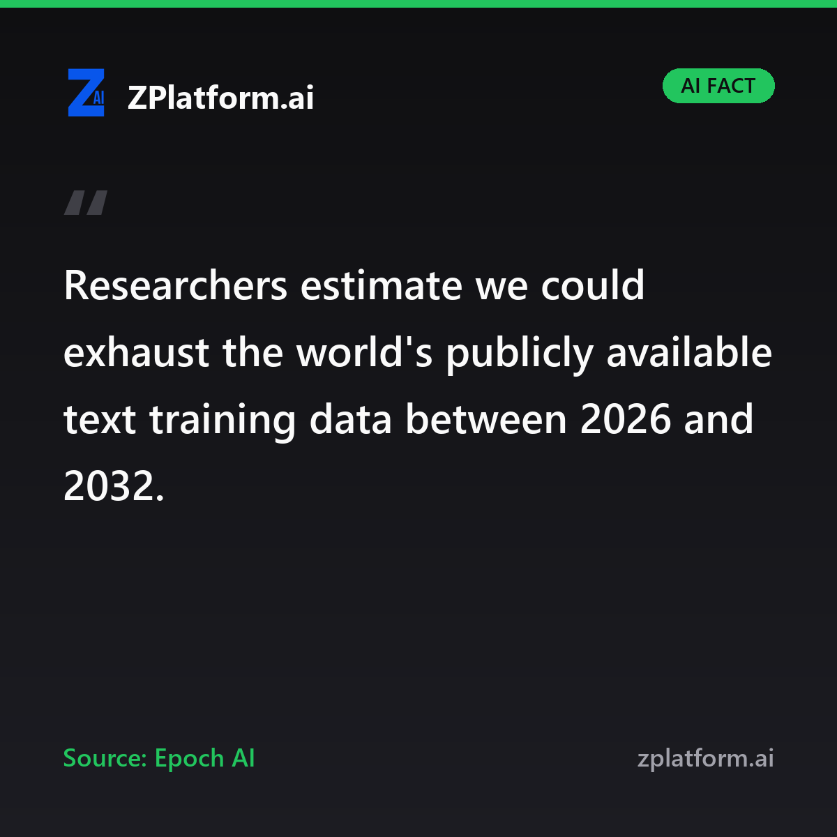 zplatformai's tweet photo. Researchers estimate we could exhaust the world's publicly available text training data between 2026 and 2032. (Epoch AI) #AIFacts https://t.co/uvQKTsbrkw