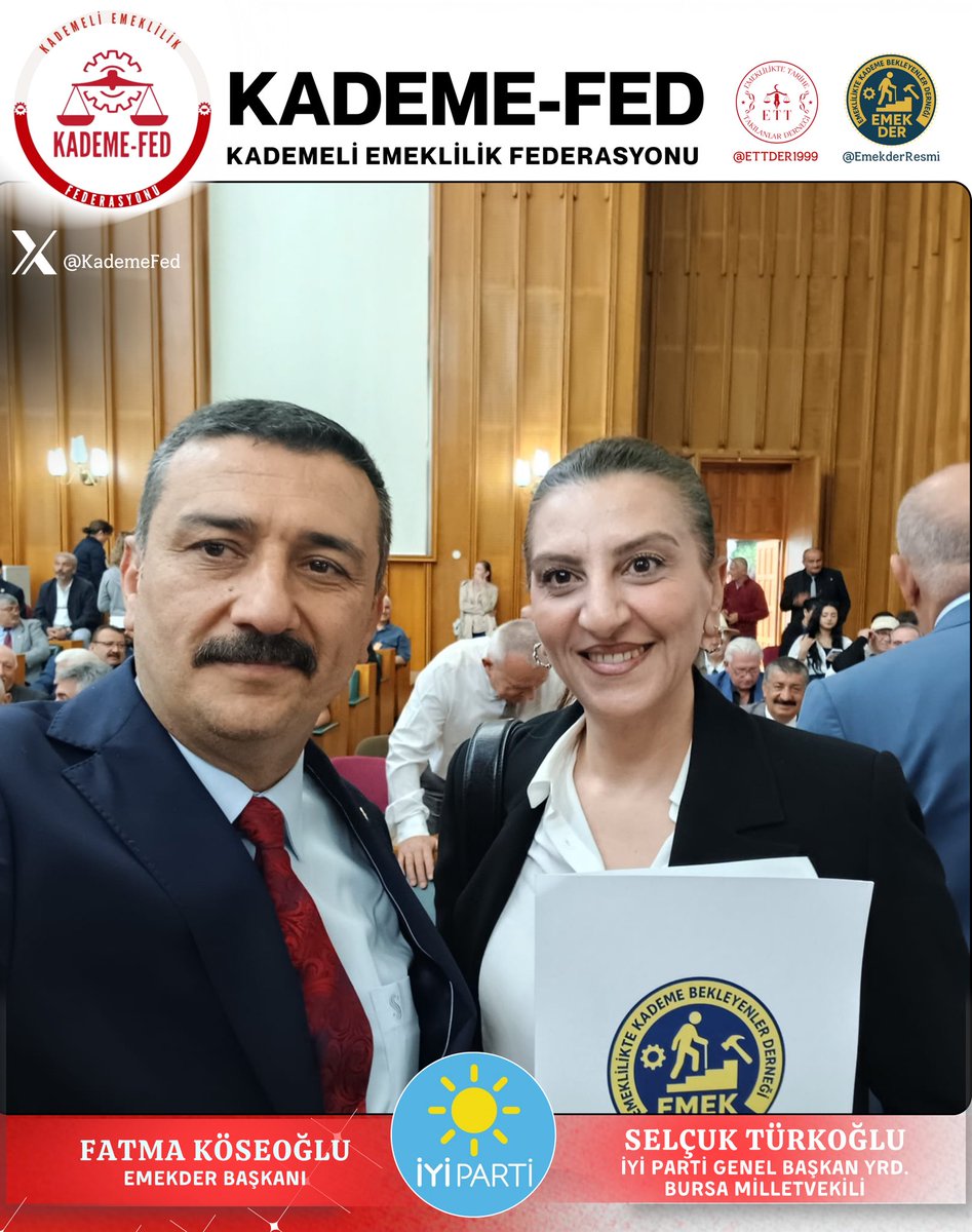 EmekDerResmi's tweet photo. 🇹🇷 TBMM’DE İYİ PARTİ GENEL BAŞKAN YARDIMCISI SAYIN SELÇUK TÜRKOĞLU İLE GÖRÜŞTÜK 🇹🇷

EMEK-DER ve Kademeli Emeklilik Federasyonu olarak, İYİ Parti Genel Başkan Yardımcısı ve Bursa Milletvekili Sayın Selçuk Türkoğlu ile Türkiye Büyük Millet Meclisi’nde bir araya geldik.

Gerçekleştirdiğimiz görüşmede; 8 Eylül 1999 sonrası sigortalı vatandaşlarımızın karşı karşıya kaldığı mağduriyetleri, işe giriş tarihine bağlı olarak oluşan adaletsizlikleri ve çözüm önerimiz olan Prim Esaslı Kademeli Emeklilik Modeli’ni detaylarıyla kendilerine aktardık.

Hazırladığımız dosyayı takdim ederek, milyonlarca vatandaşımızın beklentisi olan adil, sürdürülebilir ve sosyal güvenlik sistemini güçlendirecek düzenlemeler konusunda görüş alışverişinde bulunduk.

Sayın Selçuk Türkoğlu’nun konuyu dikkatle dinlemesi, taleplerimize gösterdiği ilgi ve çözüm odaklı yaklaşımı bizler için son derece kıymetlidir.

EMEK-DER ve Kademeli Emeklilik Federasyonu olarak; emeklilikte kademenin hayata geçmesi, primini doldurmuş vatandaşlarımızın mağduriyetlerinin giderilmesi ve Prim Esaslı Kademeli Emeklilik Modeli’nin hayata geçirilmesi için çalışmalarımızı kararlılıkla sürdürmeye devam edeceğiz.

Nazik kabulleri, samimi ilgileri ve destekleyici yaklaşımları için Sayın Selçuk Türkoğlu’na teşekkür ediyor, çalışmalarında başarılar diliyoruz.

@omerkarakas_iyi  @TuranYALDIR 
@stselcan @2727mmg2727 
@YS_Turkoglu 
 @ridvanuz17  
@_hakanolgun 
 @mehmetakalin22  
@iyiparti @ipekozkal 
@TuranYALDIR @ayyuceturkestas   @yavuzaydintrb 
@senolsunat  @deryaavci76 
@HasanToktasTR 
@Akburak @MDervisogluTR 

@KademeFed
@ETTDER1999
@EmekDerResmi

#KademeDeKararlıyız