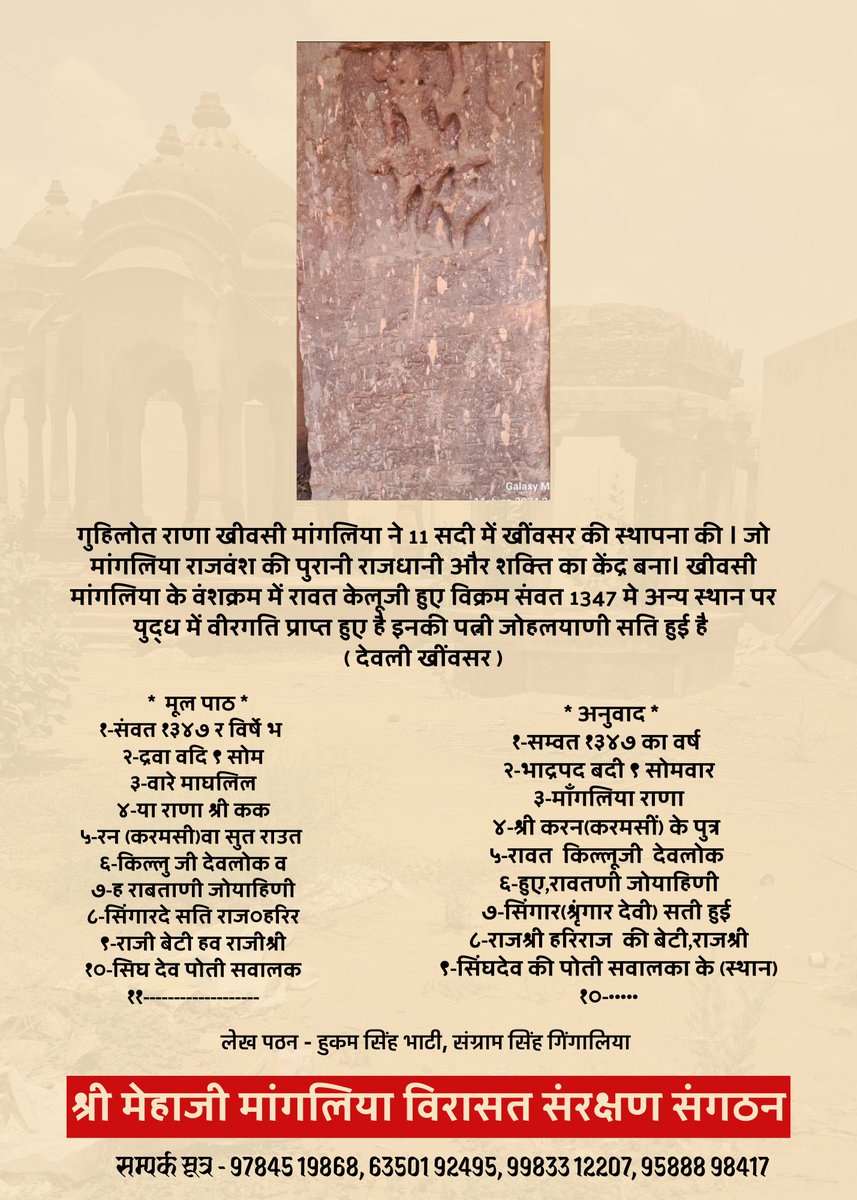 vikrams_bapini's tweet photo. रावत केलूजी मांगलिया
गुहिलोत राणा खीवसी मांगलिया ने 11 सदी में खींवसर की स्थापना की । जो मांगलिया राजवंश की पुरानी राजधानी और शक्ति का केंद्र बना। खीवसी मांगलिया के वंशक्रम में रावत केलूजी हुए जो वि. स. 1347 मे वीरगति प्राप्त हुए है इनकी पत्नी जोहलयाणी सति हुई है 
(देवली खींवसर) https://t.co/Z0GCReXCBU