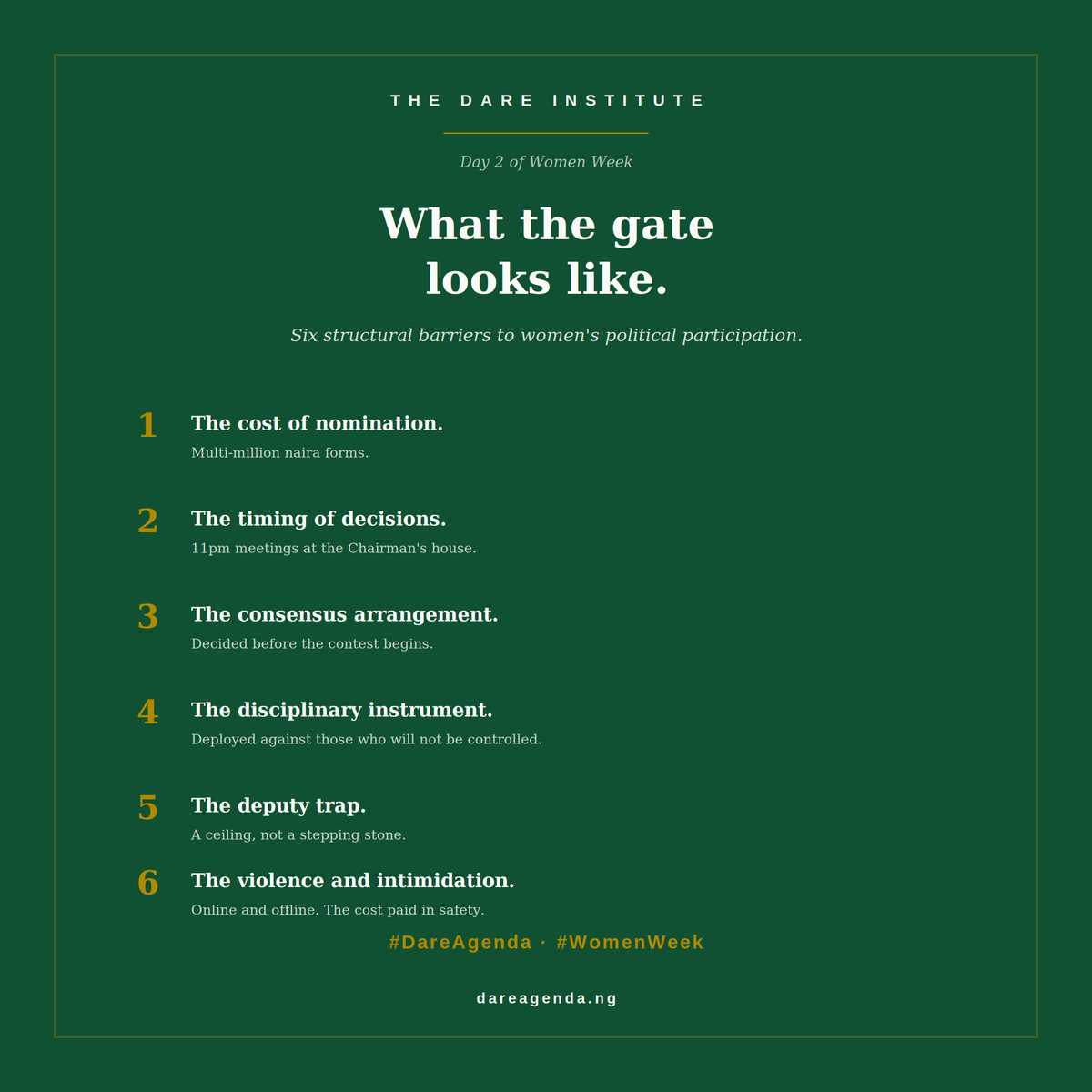 AbisayoBusari's tweet photo. Day 2 of #WomenWeek.
The gate that has been kept against women in Nigerian politics has six specific parts.
1. The cost of nomination.
2. The timing of decisions.
3. The consensus arrangement.
4. The disciplinary instrument.
5. The deputy trap.
6. The violence and intimidation. https://t.co/yT53lZuQep