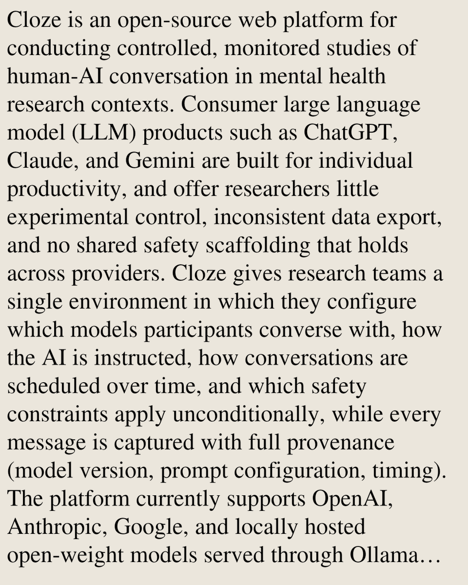Smartphones's tweet photo. Cloze: An Open Research Platform for Studying Human-AI Conversations in Mental Health Contexts

Matthew Flathers, Francesco Cipriani, John Torous
https://t.co/DSpnZkb5Pw [𝚌𝚜.𝙷𝙲 𝚌𝚜.𝙲𝙻 𝚌𝚜.𝙲𝚈] https://t.co/ipLL9v86tl