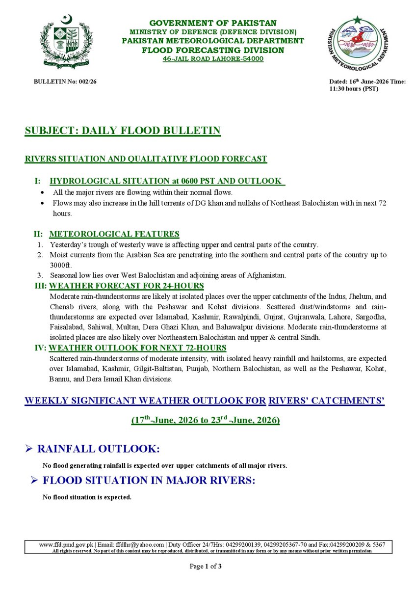 pmdgov's tweet photo. PMD Daily Flood Bulletin: Major Rivers Flowing Normally; No Flood Situation Expected, Rain-Thunderstorms Likely in Parts of Pakistan 
#PMD #FloodForecast #DailyFloodBulletin #PakistanWeather #RiverFlows #RainThunderstorm #WeatherUpdate #FFD #Monsoon2026 #FloodAlert https://t.co/KUHX5YfIJ0