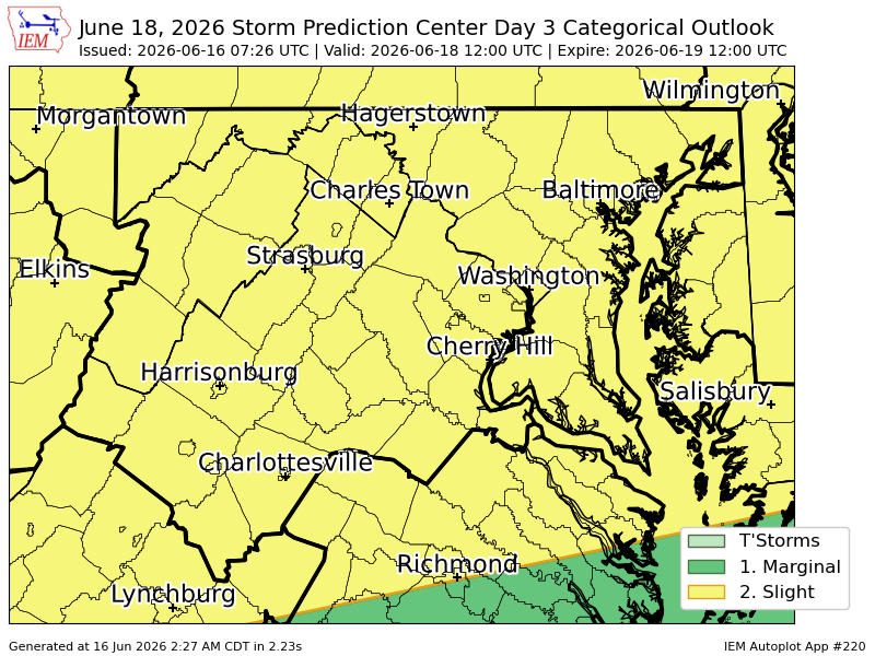 PWXBaltimore's tweet photo. #SPC issues Day 3 Slight Convective Risk at Jun 16, 7:26z for LWX https://t.co/4KQnKxBqNz https://t.co/Z7m2XpAwA7