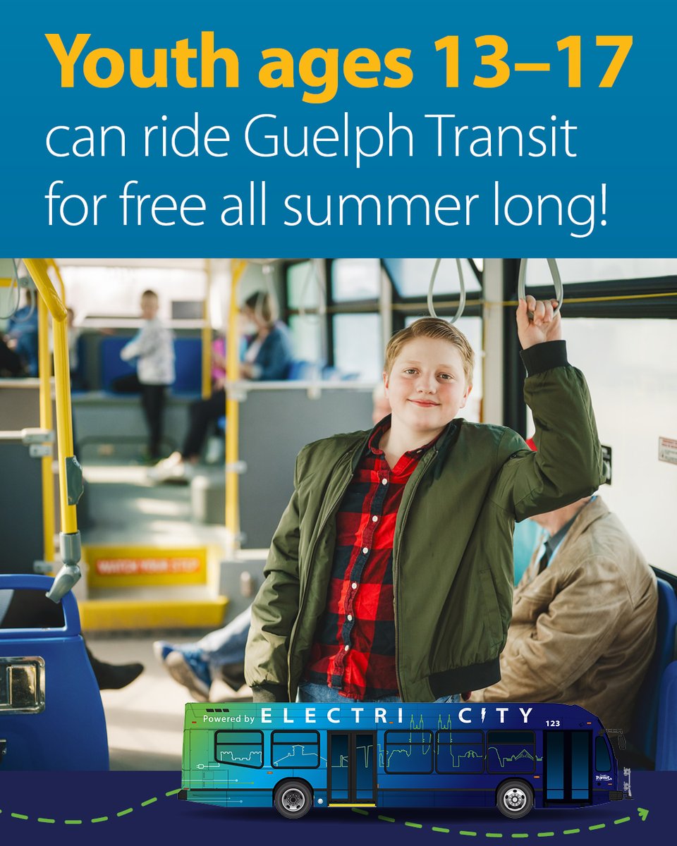 guelphtransit's tweet photo. Did you know that in July and August, our Youth Ride Free program switches to FREE transit all day, every day? ☀️ Youth ages 13-17 ride Guelph Transit FREE all summer long! Don’t forget your registered OnYourWay fare card. 

For more information visit: https://t.co/XdfqaTCnFI https://t.co/pUoSTBQbs0