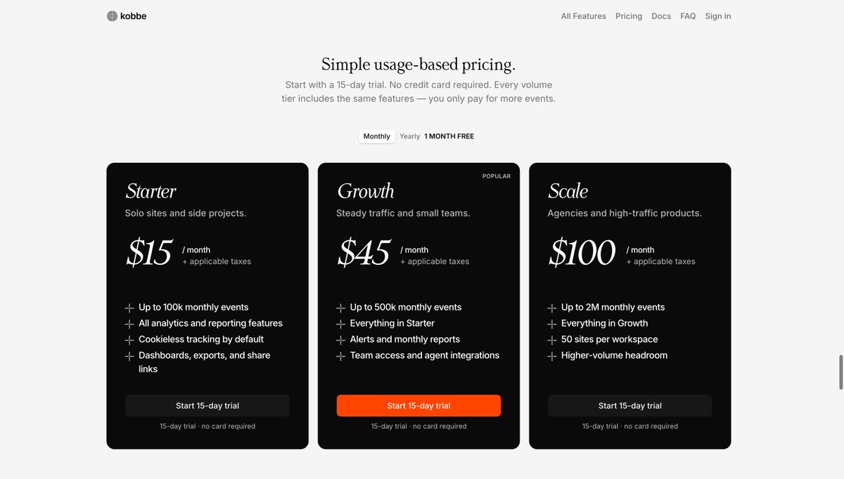 Mike_Andreuzza's tweet photo. Kobbe’s new goal: 
Cookieless analytics without the cookie banner.

I am refocusing the product. 

Fewer extras, clearer privacy story, faster setup. Traffic, pages, sources, funnels, and events. Simple pricing.

— https://t.co/Eat8i6QHfE