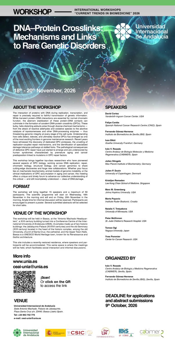 FGH_Lab's tweet photo. Very excited to announce the workshop "DNA–Protein Crosslinks:  Mechanisms and Links to Rare Genetic Disorders", which will take place  in Baeza (Spain) from 18–20 November 2026! https://t.co/UVMaoT29m3 https://t.co/uUr1cLDdRE