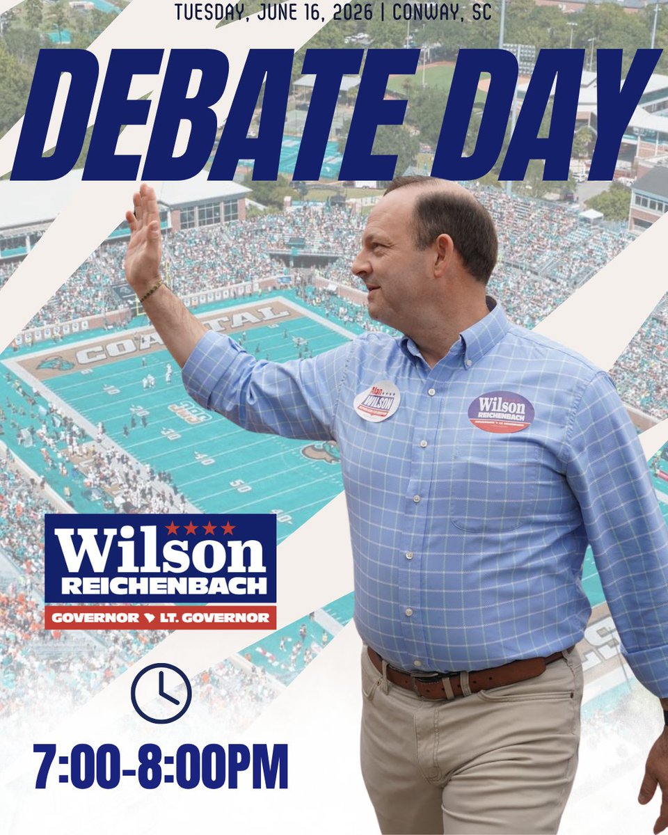 AGAlanWilson's tweet photo. DEBATE DAY, SOUTH CAROLINA! 

Tonight, I’m ready to share my vision for a stronger, safer, and more conservative South Carolina. As I’ve said in previous debates, this is a job interview, and I’m ready to earn your vote.

Here’s where to watch:
Charleston: @Live5News 
Upstate: @foxcarolinanews 
Augusta/Aiken: @WRDW_WAGT 
Columbia: @wis10 
Savannah: Digitally on @WTOC11 
Myrtle Beach/Florence: @wmbfnews 
Charlotte: Digitally on @WBTWNews13