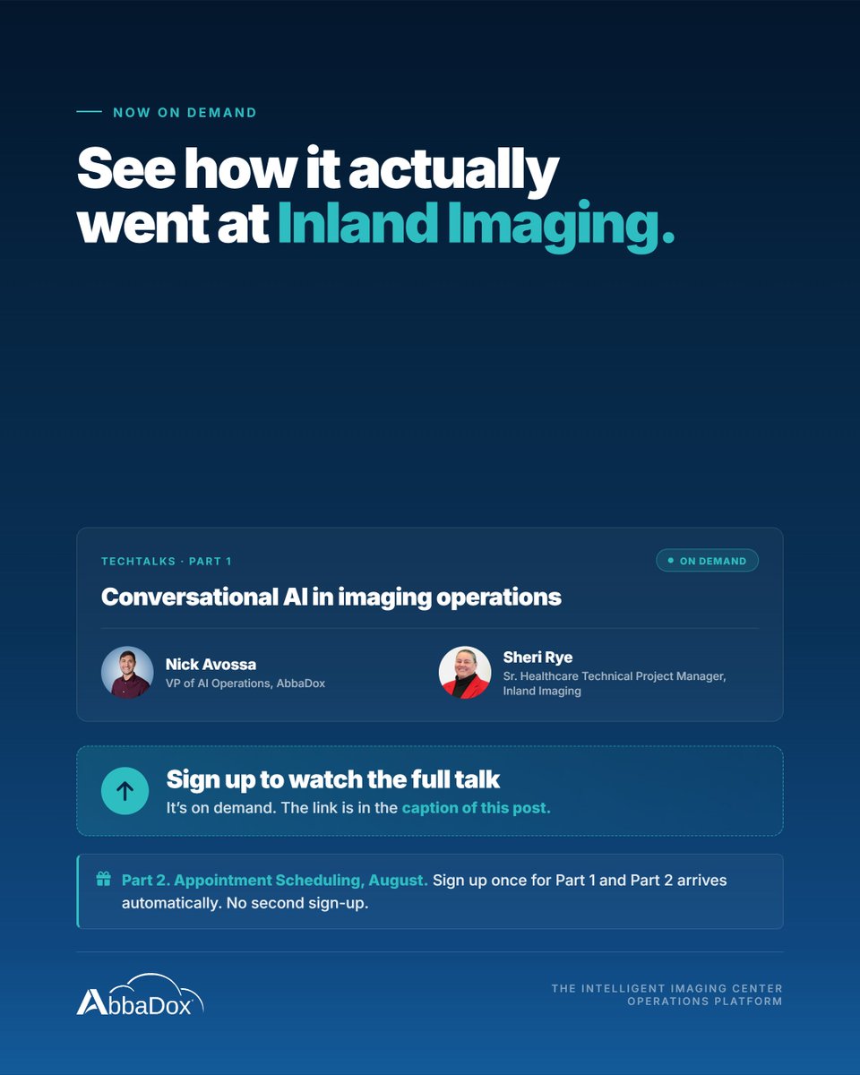 AbbaDox's tweet photo. "Will patients actually talk to an AI on the phone?"

Every imaging center asks this first. Inland Imaging actually tested it.

Fewer than 3% pushed back. 97 of 100 just confirmed and moved on. Most never knew it was AI.

TechTalks Ep. 1, on demand: https://t.co/Se8snFfxwD https://t.co/85h4fz4RJr