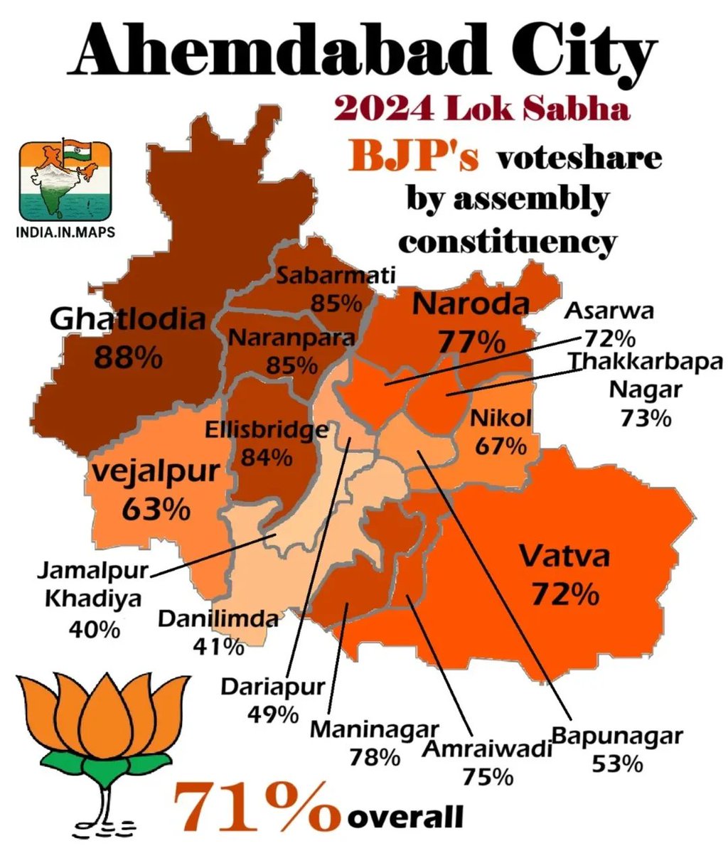 Hardikstatistic's tweet photo. Map showing Ahmedabad City's 2024 Lok Sabha Election results by Vidhan Sabha areas. 

Image Courtesy: @ India In Maps. https://t.co/U80WRkk2fi