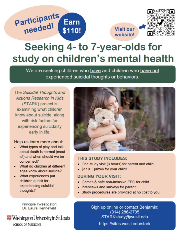 WashUVFH's tweet photo. Kids (4-7 y/o) are needed for a research study @ #WashUMed. The Suicidal Thoughts &amp; Action Research in Kids (STARK) project is looking @ what young children know about the concept of suicide, along w/ risk factors. Visit https://t.co/1q8PVQVs1I. https://t.co/CTMB0AaW6W