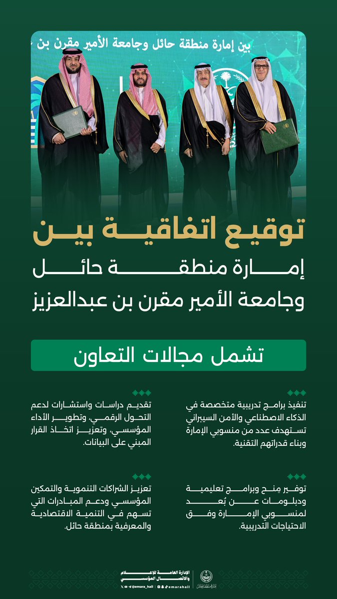 emara_hail's tweet photo. #إنفوجرافيك

سمو #نائب_أمير_منطقة_حائل يرعى اتفاقية شراكة بين إمارة منطقة حائل وجامعة الأمير مقرن بن عبدالعزيز. https://t.co/aX3HzgORJk