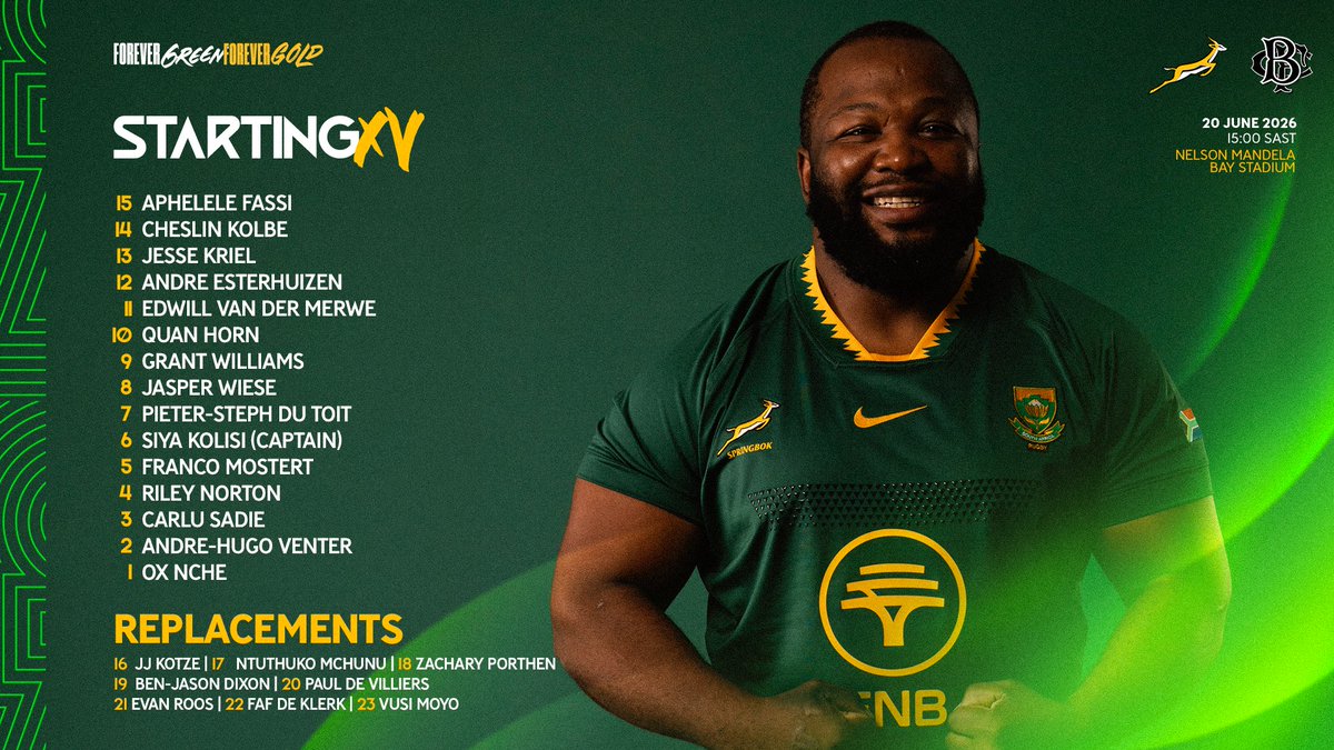 Springboks's tweet photo. The first teams for 2026 are in! Check out who will run out for the #Springboks and SA 'A' in Gqeberha this weekend - more here: https://t.co/r2CD0pyoAo 💪
#ForeverGreenForeverGold https://t.co/mgNCbfWYCn