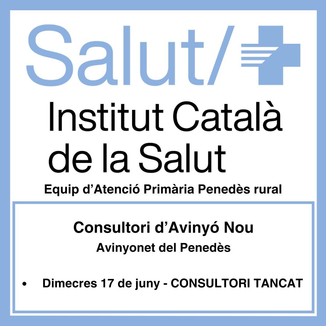 ajavinyonet's tweet photo. 🔹AVÍS DE CANVIS D’HORARIS AL CONSULTORI MÈDIC🔹

L’Equip Directiu de l��EAP Penedès Rural Est informa de canvis en l’horari habitual del consultori:

📌Dimecres 17/6 – CONSULTORI TANCAT

Per atenció urgent, podeu trucar al CAP Vilafranca Nord al 📞 93 887 92 54 https://t.co/yFaR3lTVYX