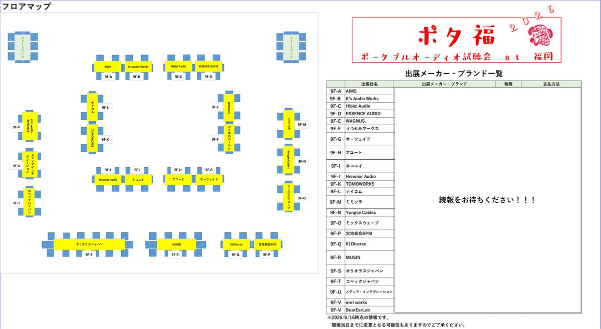 potafuku_unei's tweet photo. 【ポタ福2026】
☆続報☆
別でポストしました通り、宮地商会RPMさんの参加が決定しましたので本日時点で確定したイベント会場レイアウトを公開します！！（入口は図の上部になります）
※予定なく変更になる可能性もあります

出展ブランドなど追加情報は続報をお待ちください🙇
＜つづく＞ https://t.co/P2bh907yG1