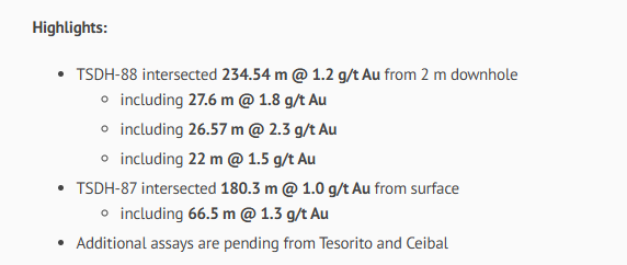 airic101's tweet photo. News posted for $TIGR.v 💥💥

✅ TSDH-88: 234.54m at 1.2 g/t #Gold from 2m downhole; TSDH-87: 180.3m at 1.0 g/t Au from surface
✅ Both more than double Tesorito's 0.47 g/t Au resource average grade
✅ TSDH-86, 87 and 88 together define one coherent, higher-grade corridor, open to the northwest and at depth
✅ Comes weeks after a $21M financing close and full ownership of Quinchia

Fresh off a $21M financing close and full ownership of Quinchia, Tiger Gold just delivered its best Tesorito holes to date, with TSDH-88 returning 234.54 metres at 1.2 g/t gold.

CEO Robert Vallis: "TSDH-87 and TSDH-88 are among the best holes we have drilled at Tesorito... they define a coherent, higher-grade corridor of intrusive-hosted gold mineralization."

These results feed straight into Tiger's year-end Tesorito resource update, targeting an Inferred-to-Indicated upgrade alongside a maiden Ceibal resource.