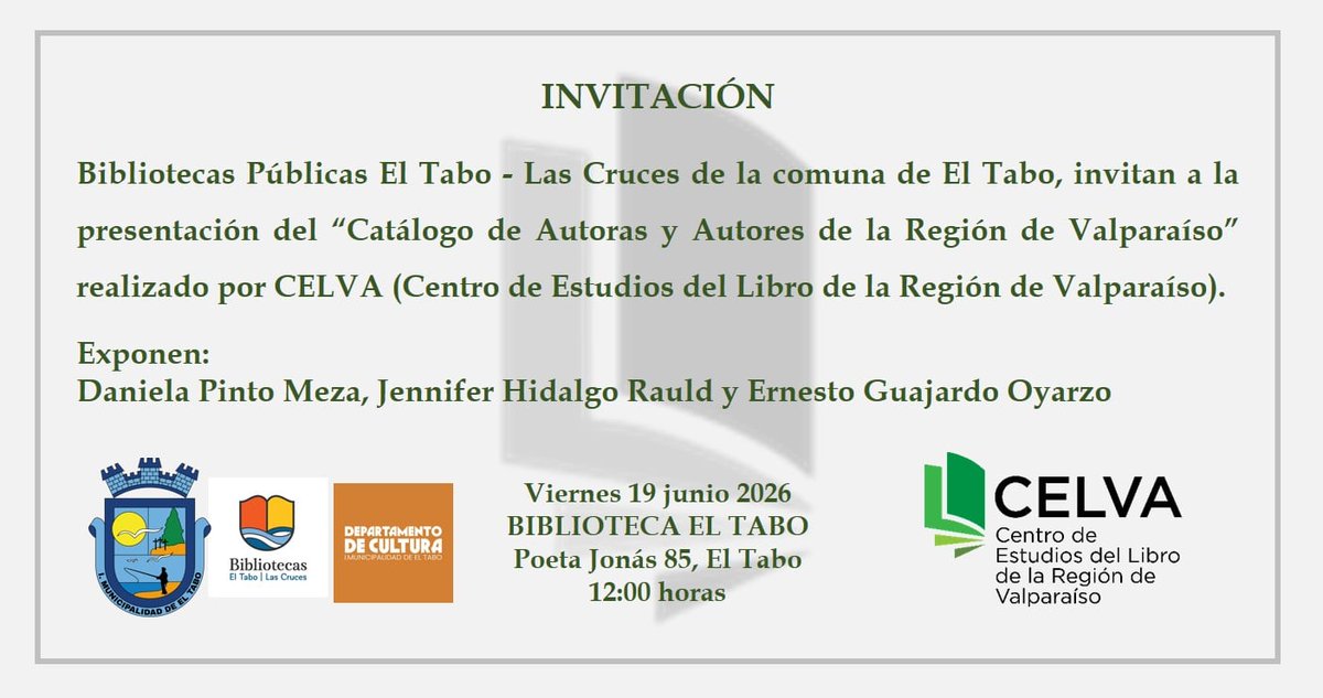 AutoresRegion's tweet photo. ¡Atención, Litoral Central! Este viernes nos vemos en la Biblioteca Pública de El Tabo. 😊👇 https://t.co/GNJYAypi42