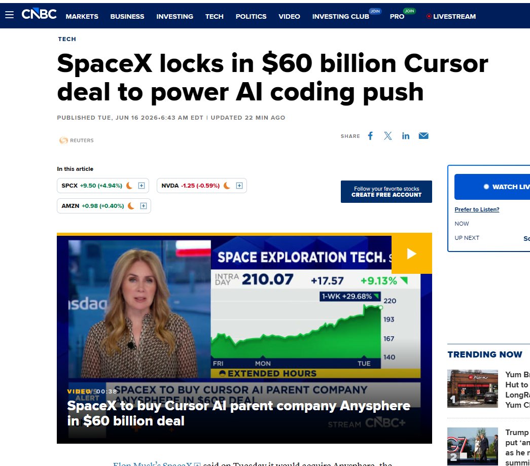 ThierryBorgeat's tweet photo. SpaceX just bought a $60 billion company without spending a dollar.

The deal for Cursor, the AI coding tool, is all stock. No cash. SpaceX prints new shares, hands them over, done.

Now connect it to what happened last week.

SpaceX went public by floating just 4% of itself. 556 million shares against 13 billion. The tiniest free float a mega-cap has ever listed with. Index funds were forced to buy it. Retail piled in. Tiny supply, enormous demand, and the stock rocketed past $200.

Here's the part that should make you sit up.

The price SpaceX pays for Cursor is set by its own share price in the seven days before closing. The higher the stock, the fewer shares it has to print to cover $60 billion.

So the engineered scarcity that pumped the stock now makes the acquisition cheaper. The squeeze pays for the shopping spree.

A company losing $4 billion a quarter is now buying AI startups with paper it manufactured out of a 4% float.

This isn't aerospace. It isn't even AI.

It's the finest financial engineering of the century, and it's only getting started.