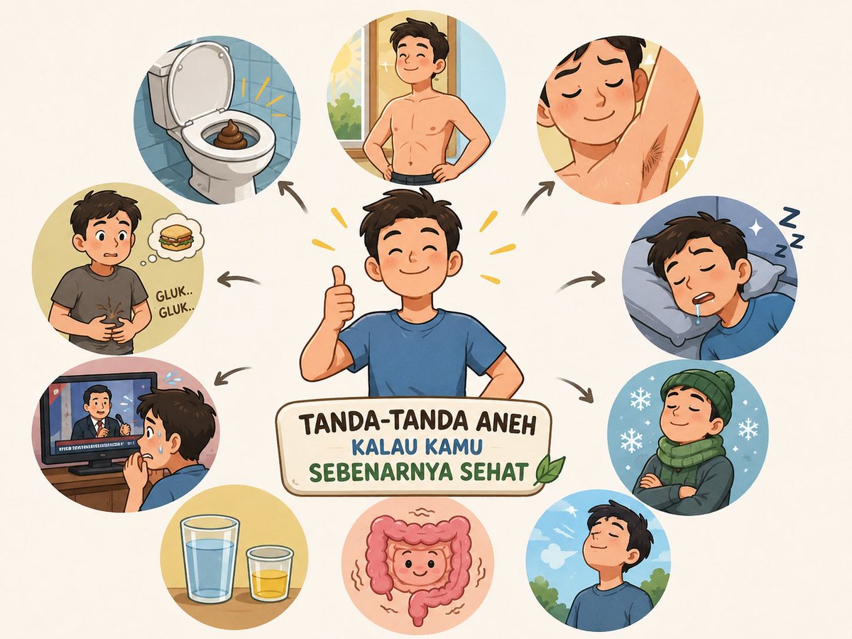 NakesPuskesmas's tweet photo. Tanda-Tanda Aneh Kalau Kamu Sebenarnya Sehat

1. Kotoranmu tenggelam di toilet
Usus kemungkinan menyerap nutrisi dengan baik.

2. Perut lebih rata di pagi hari
Tanda kalau pencernaan, air, dan peradangan yang melakukan pengaturan ulang semalam.

3. Ketiak memiliki bau (tapi tidak buruk)
Itu bukan bau badan tidak sedap, itu adalah aroma khas tubuh yang alami dan normal

4. Ngiler waktu tidur karena capek
Otot wajah sedang beristirahat total. Itu adalah mode pemulihan yang dalam.

5. Lebih tahan dingin daripada orang lain
Metabolisme dan lemak cokelat bekerja dengan sangat baik.

6. Mendesah secara random di siang hari
Itu adalah cara tubuh menekan tombol pengaturan ulang internalnya.

7. Perut bunyi saat lapar
Itu adalah siklus pembersihan usus yang sedang melakukan perawatan.

8. Urin kuning muda, bukan bening kristal
Terhidrasi dengan baik dan tidak membuang terlalu banyak mineral

9. Gelisah tiap liat presiden mau pidato
Tanda bahwa anda mulai trauma dengan omongan yang tidak jelas