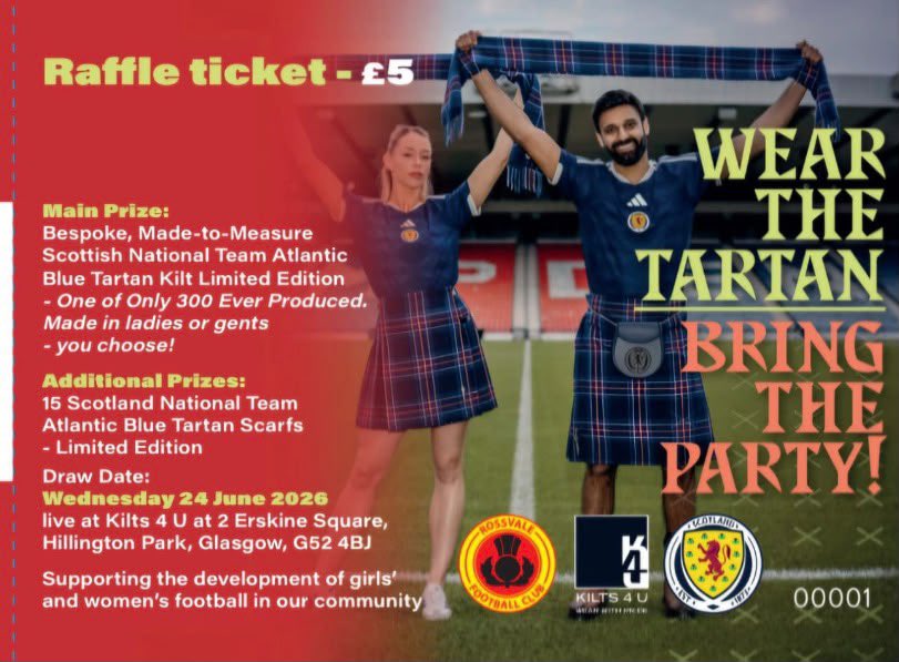 RossvaleFCWomen's tweet photo. Friends and families of Rossvale, here is your chance to win a bespoke made to measure, Scotland National Team Limited Edition Kilt, only one of 300 produced 🏴󠁧󠁢󠁳󠁣󠁴󠁿 
Tickets £5 and all funds go to support women and girl’s football ⚽️ 
DM to buy tickets or text 07760221572 💙💛❤️ https://t.co/zEhhDULQZj