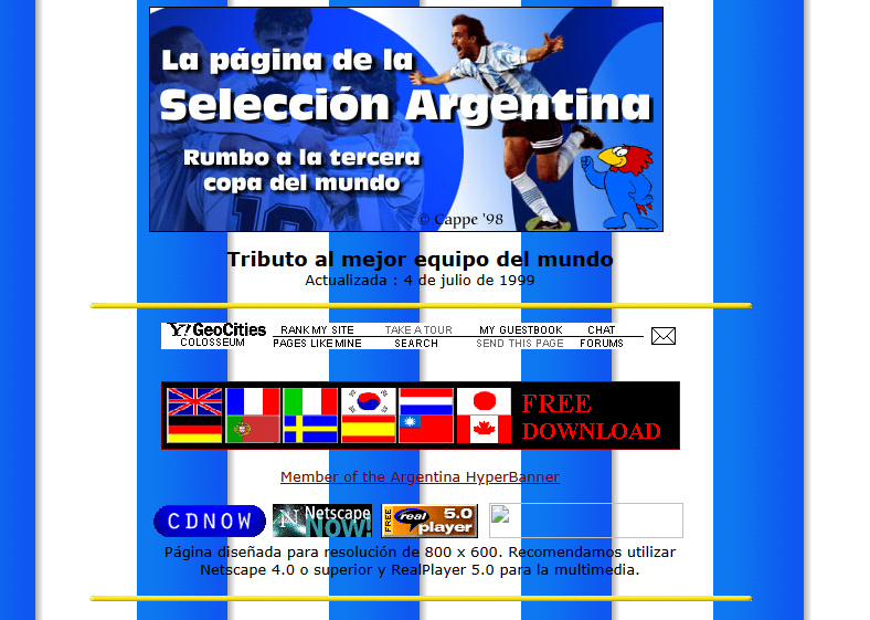 paleointernet's tweet photo. En vísperas del debut de la Selección Argentina, les traemos dos capturas de páginas web no oficiales de fútbol/Selección.

La primera es de 1997, y posteaba todo tipo de información futbolística. 

La segunda es de 1999, y era un fan site de Geocities del usuario Cappe. https://t.co/ZTsGhXboZD