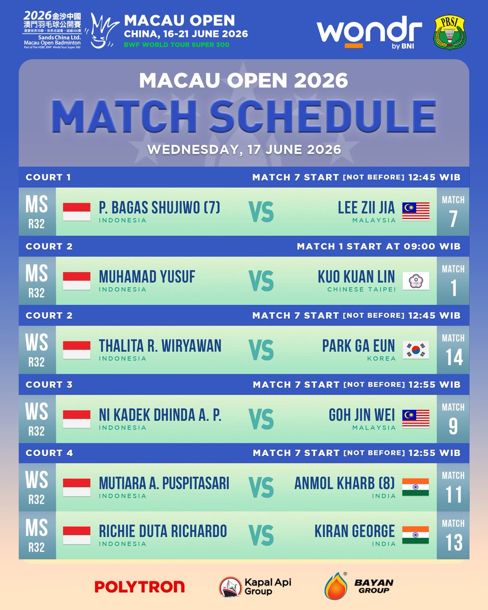 INABadminton's tweet photo. Enam wakil Indonesia akan berjuang di hari kedua Macau Open 2026, Rabu (17/06).

Pertandingan akan berlangsung mulai pukul 09.00 WIB. Berikut jadwal selengkapnya.

Ayoo 🇮🇩

#BadmintonIndonesia #MacauOpen2026 https://t.co/jrMzUa7PyQ