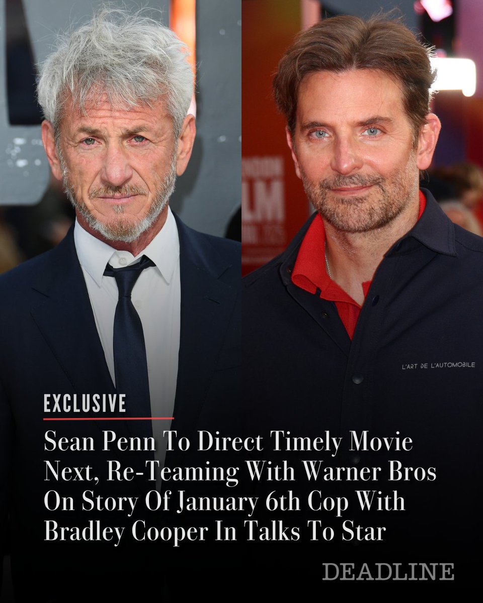DEADLINE's tweet photo. EXCLUSIVE: Sean Penn, coming off his third Oscar win for 'One Battle After Another,' has been quietly setting up a passion project.

The currently untitled film will follow the early life of a cop who goes on to be caught up in the January 6th Capitol riots. Penn has scripted and will direct the movie, which has five-time Oscar nominated actor Bradley Cooper in talks to star in the lead role. There’s no deal yet.

The film will re-team Penn with 'One Battle After Another' studio Warner Bros, which has acquired it in a negative pickup. 

More details here: https://t.co/YrCxUdGZiD

(Photos: Getty)