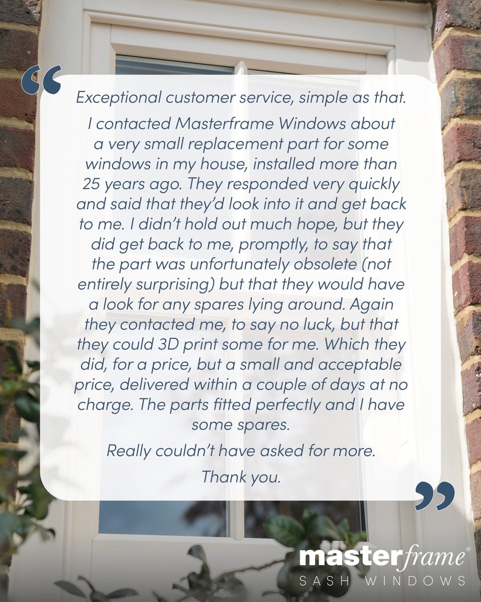MasterframeSash's tweet photo. “Exceptional customer service, simple as that.” When a customer needed a small replacement part for windows installed over 25 years ago, we had a solution using 3D printing tech.
Read the full review: https://t.co/iOkmb0cA6g
https://t.co/XS0YkDN54s
#Masterframe #SashWindows https://t.co/SiLQPMVwD4