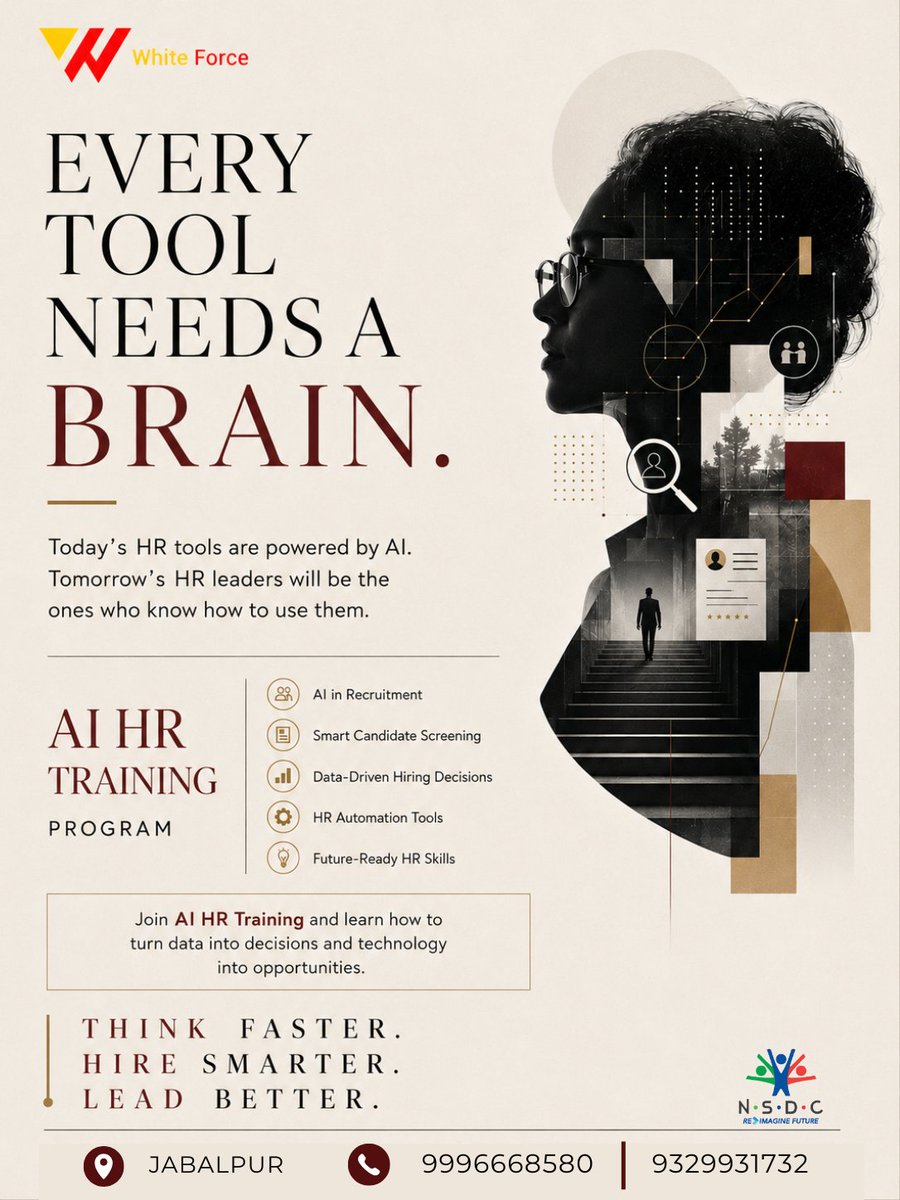 whiteforce2020's tweet photo. Every Tool Needs a Brain.🧠
Master AI-powered HR with White Force &amp; NSDC.
Think Faster. Hire Smarter. Lead Better.🚀

Location: Jabalpur
99966 68580 | 9329931732
niti.chourasia@white-force.in | nidhi.shukla@white-force.in
#AIHR #HRTech #WhiteForce #NSDC #FutureOfWork https://t.co/WD2XtC7yOj