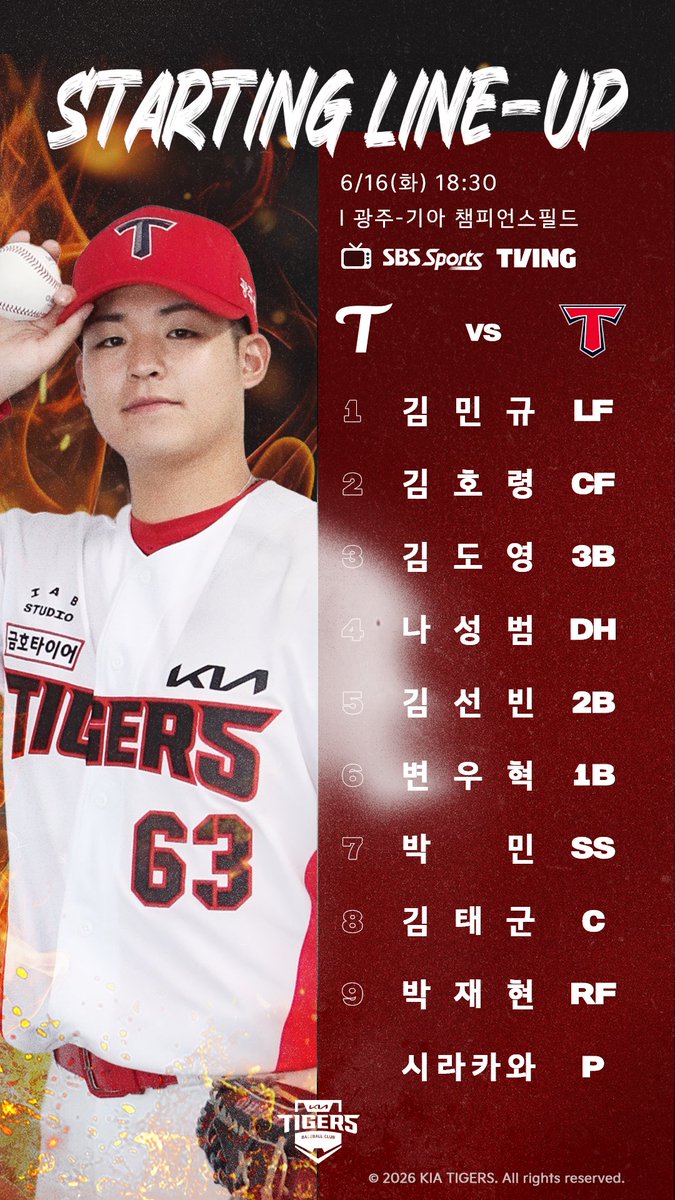 Kiatigers's tweet photo. 6/16(화) 경기 LINE-UP🔥

🐯 선발투수: 시라카와
⚾️ 상대팀: LG 트윈스
🏟️ 장소: 광주-기아 챔피언스필드
📺 중계: SBS Sports, TVING https://t.co/J5XaMZoI7F