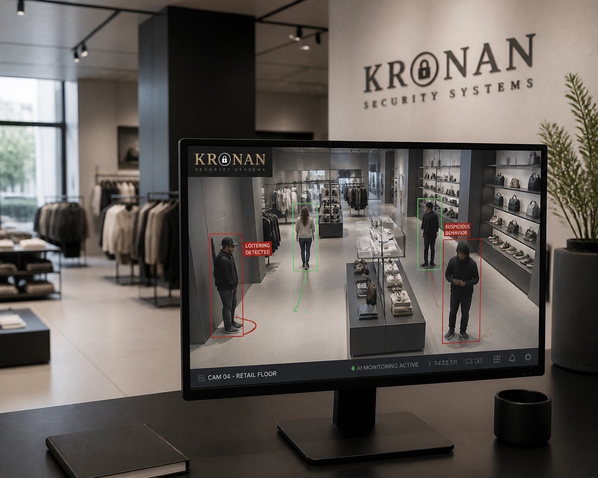 KronanSecurity's tweet photo. "Checking the tapes" is dead. 🛑 Stop crime before it happens with AI-powered CCTV. With loitering detection and behavior alerts, we keep you one step ahead. 🛡️ Proactive, smart retail protection. 🚀 #RetailSecurity #AISecurity #CCTV #KronanSecurity https://t.co/K3BHwiAtes