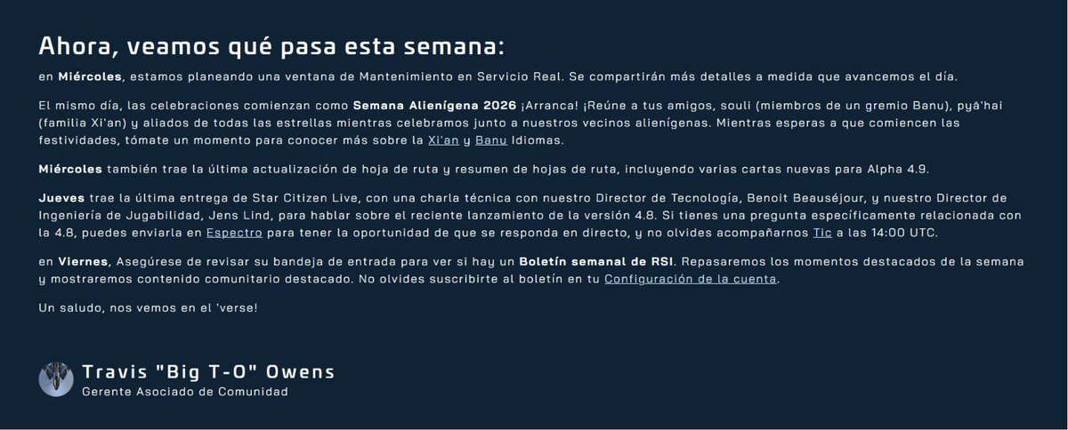 Kitsune_Eco's tweet photo. #StarCitizen This Week in Star Citizen
https://t.co/HtknKxkaYF
Miércoles, día importante, arranca la Semana Alienígena 2026, además del resumen de la hoja de ruta, incluyendo varias cartas nuevas para Alpha 4.9. https://t.co/TQiQPb9n70