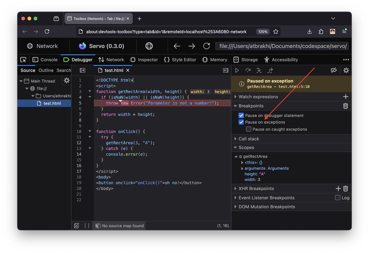 atbrakhi's tweet photo. Later today, we’ll be developing the “Pause on Exception” feature in Servo DevTools, live in a Session!

If you’ve ever wondered what it looks like to build a DevTools feature in a browser engine, what goes on behind the scenes or, how it works, join us online! https://t.co/12xY6brHcC